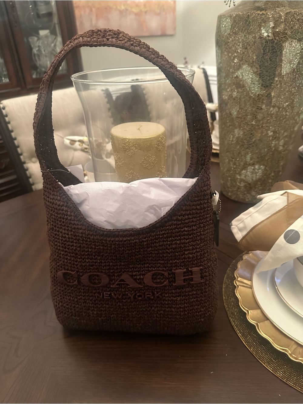 Brand new women’s Brooklyn 28Coach Brown Crochet Shoulder Bag with Embossed Logo